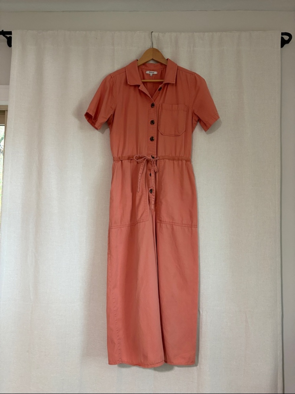 Madewell Button-Front Short Sleeve Jumpsuit in Coral